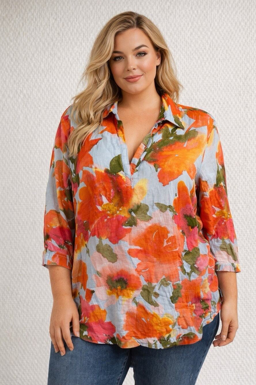Joie Womens Colorful Poppy Floral Print 100% Linen V Neck Top 1x Plus